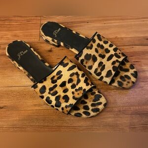 J crew collection pony hair leather slides animal print neutral SZ 10 Flats Low